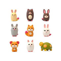 Set of 3D cute pet icons featuring rabbit, cat, dog, hamster, mouse, and turtle in minimal kawaii style. Rounded and colorful 3D animal figures perfect for kids educational projects, mobile apps