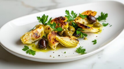Grilled artichokes with olives and parsley on white plate  