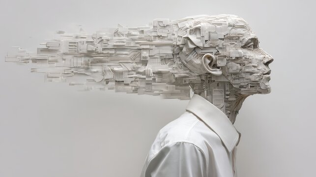Abstract concept of artificial intelligence merging with human form, showcasing intricate technology and complex thought processes in a stark white minimalist setting