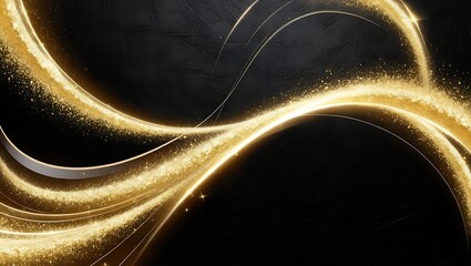 Abstract background with radiant golden dust swirls moving in curved shapes against a rich black canvas, sparkling with luminous glow.