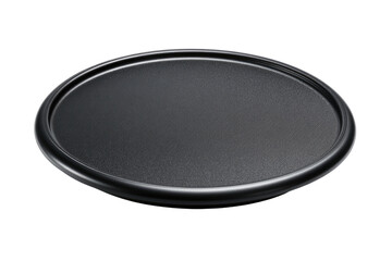 A dark gray, round platter, smooth, flat top, and a raised rim