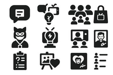 TV Fan Icons. Solid style icons of TV fan engagement: fan comment bubble, live tweet icon, show fan group, cosplay with badge, fan