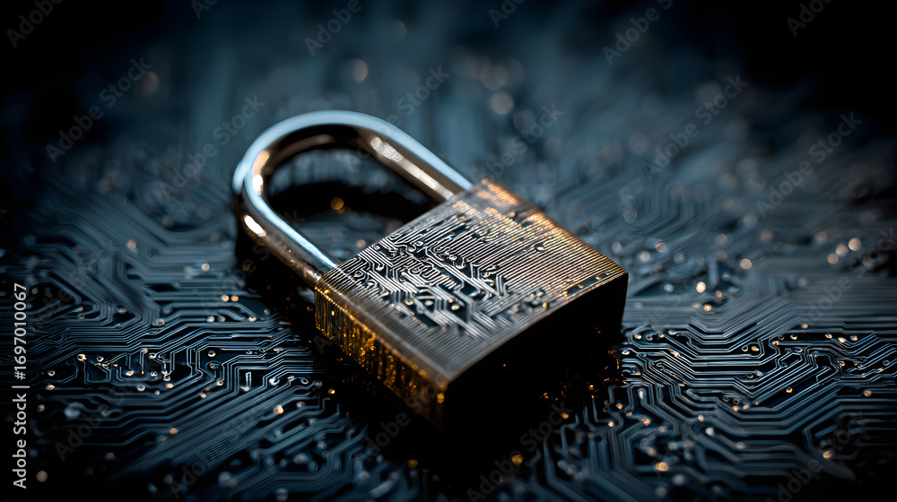 Aufkleber lock with circuit pattern. concept of data security nd cybersecurity