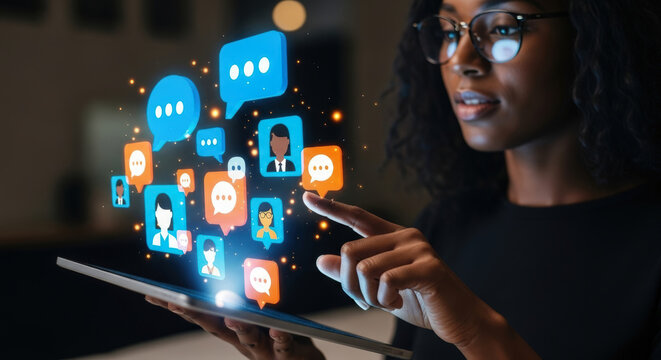 African American woman using tablet with holographic interface showing chat bubbles and avatars. Concept of online communication, social media and digital networking

