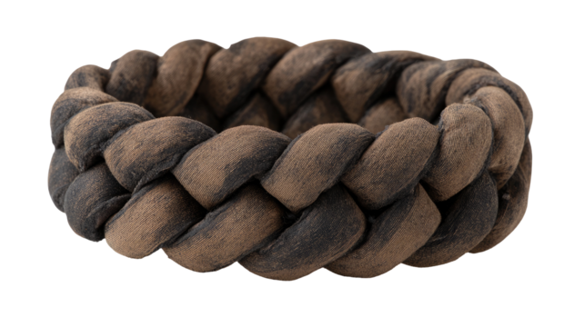 A circular braided textile band, dark brown and muted black