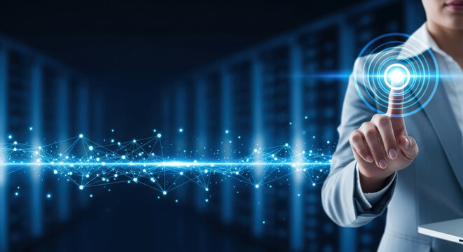 Businesswoman interacting with digital holographic interface in data center. Concept of network, cybersecurity and futuristic technology
- Powered by Adobe