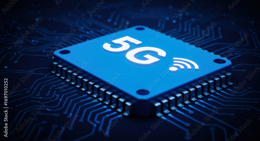 Poster close up of 5g microchip on circuit board symbolizing fast wireless communication technology. concep