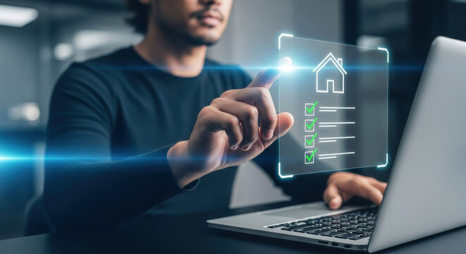 Man using laptop with holographic checklist interface for real estate tasks. Concept of property management, housing and digital solutions
