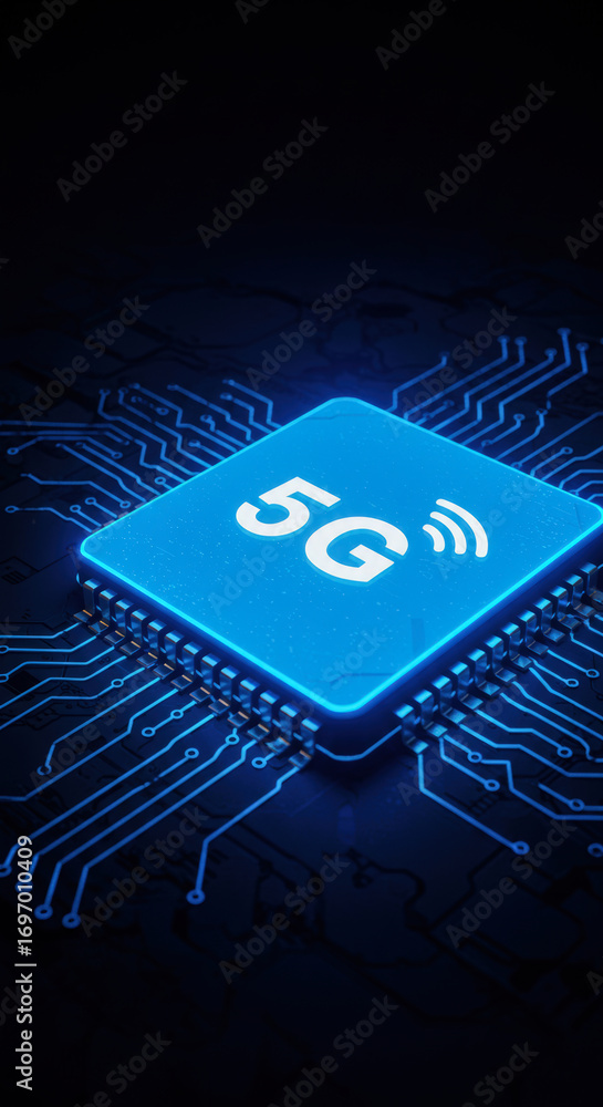 Aufkleber close up of glowing 5g microchip on circuit board representing high speed wireless communication. co