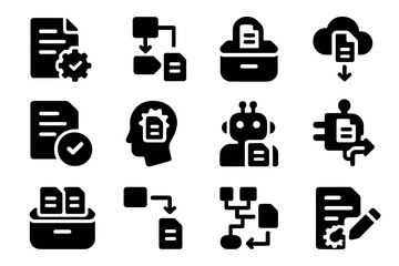 Smart Copy Icons. Solid style icons of smart copy automation: auto-copy rule icon, workflow with copy step, smart duplicate tray,