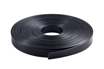 Coiled dark gray/black plastic ribbon