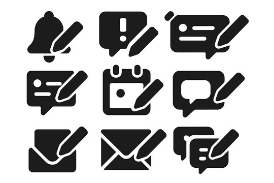 Notification Edit Icons. Solid style icons of notification and message editing: bell with pencil icon, alert message tray, edit