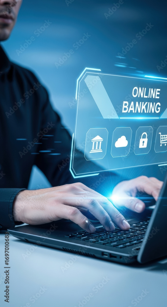 Aufkleber man using laptop with holographic online banking interface showing security and financial icons. con