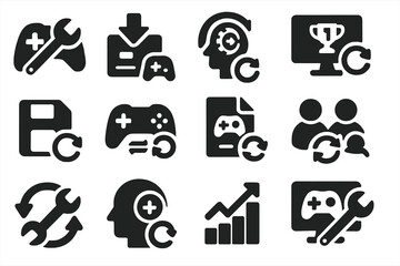 Gaming Update Icons. Solid style icons of gaming updates: game patch icon, DLC install, character update, leaderboard sync, save