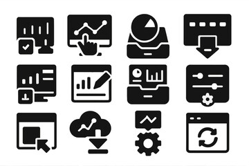 Analytics Icons Collection. Solid style icons of analytics and dashboard tools installation: metrics plugin install, dashboard