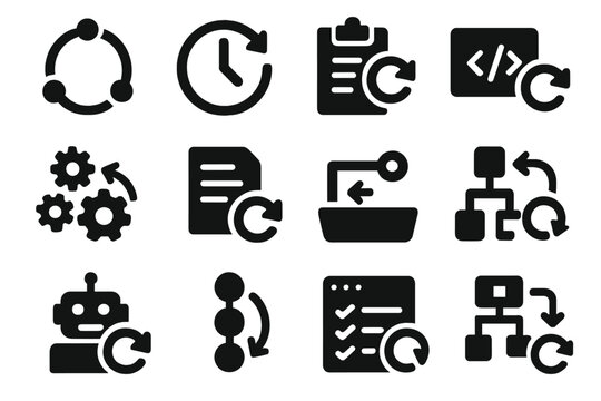Automation Icons. Solid style icons of automation script restart: automation loop icon, cron job restart, restart scheduled task,