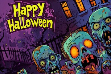 Halloween Greeting Card Concept with Zombies and Spooky Copy. Halloween Party Invitation Poster with Creepy Text. Scary Halloween Postcard Design Featuring Zombies. Festive Holiday Concept.
