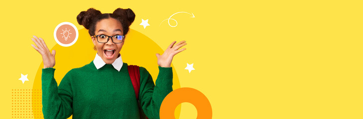 A young student with glasses and a green sweater expresses joy and enthusiasm about her educational achievements. The bright yellow background enhances the positivity of the learning environment.