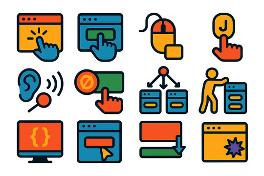 JavaScript Event Icons. Flat vector icons of JavaScript Events: click event, submit event, mouseover icon, keypress symbol, event