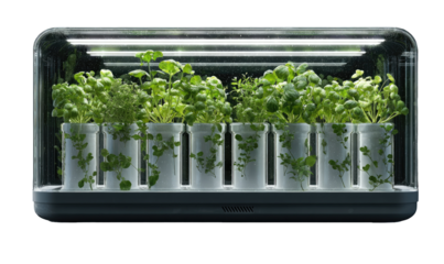 Transparent, modern indoor garden.  Multiple small plants in white cylindrical containers, arranged in a row within a clear, rectangular enclosure.  LED grow lights visible inside