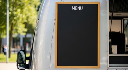 Blank chalkboard menu with a wooden frame attached to the side of a white food truck outdoors, ready for customization.
