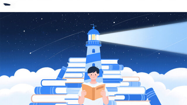 Book Lighthouse Reading Dreamy Cartoon Illustration