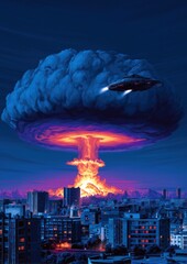 Un nuage de champignon nucléaire sur une ville, avec un vaisseau spatial extraterrestre volant dans un ciel nocturne bleu foncé, illustration numérique à l'atmosphère étrange et mystérieuse.