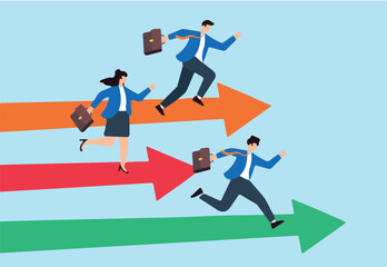 Flat illustration of businessman and businesswoman race on arrow track symbolizing competition to achieve sales and performance goal