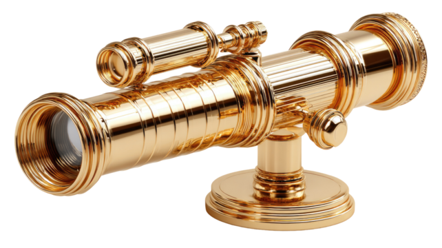 Ornate brass telescope, polished and detailed.  A telescopic instrument, gold-toned, with multiple lenses and a stand.  Features intricate engravings and mechanical components.  Precise, antique style