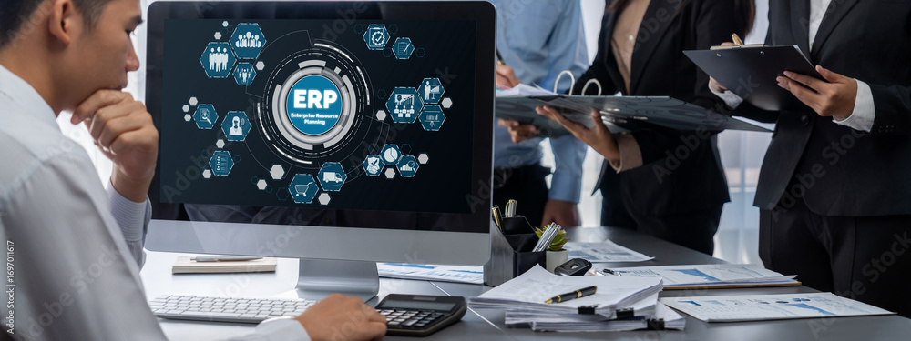 Poster business intelligence and data analysis concept. analyst team working on financial data analysis das