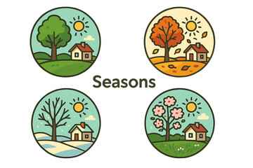 Fototapeta premium A collection of flat‑style vector icons depicting the four seasons, featuring modern cottage houses, buildings, and countryside fields, representing summer, spring, winter, and autumn weather