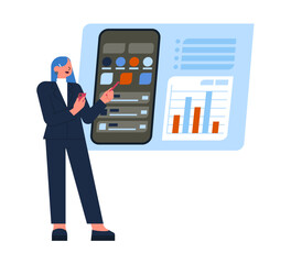 Woman presenting smartphone interface and infographics
