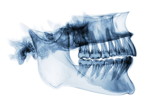 X-ray image of a jawbone and teeth.  Detailed view of the mandibular and maxilla structures, showing teeth and supporting bone.  Gray tones highlight the density differences