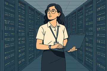 A female IT technician in a data center stands in the server rack corridor with a laptop, visually inspecting something while staring at the screen in a nighttime office setting