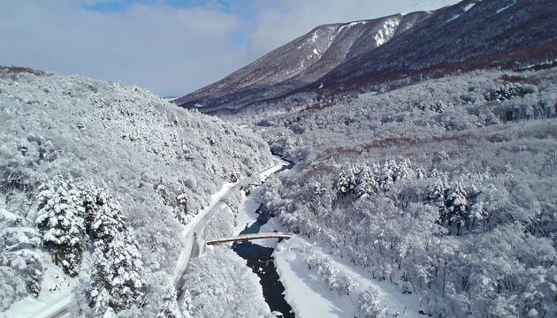 Snowy Serenity: An aerial view of a bridge in the snow-covered mountains
