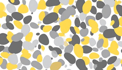 Abstract pattern of scattered, overlapping shapes in shades of gray and yellow on a white background