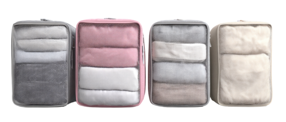 Four clear, zippered travel garment organizers in various pastel shades