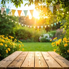 A sunny garden party scene with a wooden table in the foreground, featuring vibrant yellow flowers and festive decorations.