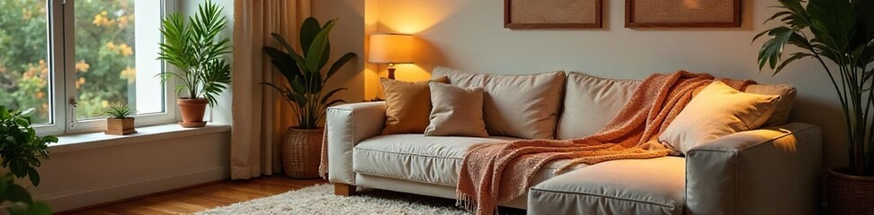 Fototapeta premium Cozy living room with soft lighting, plush sofa, and throw blankets inviting relaxation and peaceful rest Perfect for unwinding after a long day , space, yoga, apartment