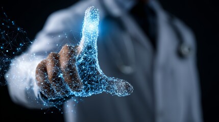 Doctor's hand interacts with futuristic glowing digital network, symbolizing advanced healthcare technology and data analysis for medical breakthroughs.