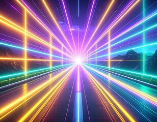 A vibrant, futuristic highway tunnel bathed in vibrant neon lights, showcasing a dynamic and eye-catching design.
