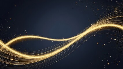 Golden spark lines flowing in smooth wave patterns across a deep navy background, glowing softly with shimmering dust particles.