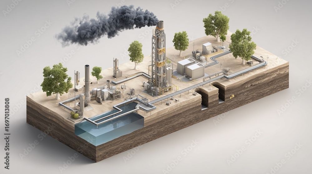 Poster diagram-style 3d render showing carbon capture process from air to underground storage