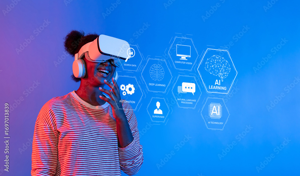 Poster a joyful individual engages with virtual reality technology, exploring assistive functions and innov