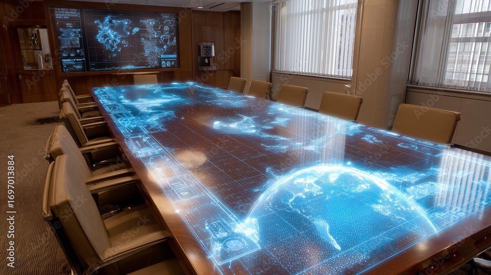 Poster global disease tracking interface projected in ar above a conference table