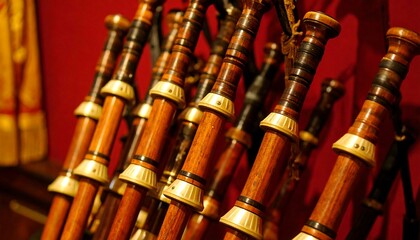 Close-up of antique bagpipes' wooden reeds