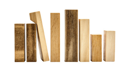 Wooden blocks of varying heights and shades,  some leaning