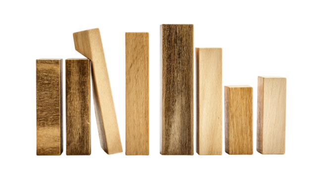 Wooden blocks of varying heights and shades,  some leaning