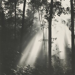 Morning forest covered in golden rays high resolution picture