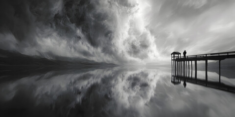Dark clouds loom over a tranquil lake as two figures stand on a wooden pier during a moody evening